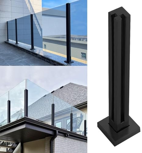Poste de barandilla de vidrio de metal negro con tornillos, espigas de balaustre de vidrio modernas para patio, balcón, terraza, poste de esquina negro de 37 3/8 pulgadas