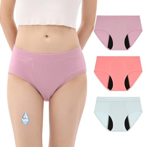 INNERSY Perioden Unterwäsche Starke Blutung Mädchen Baumwolle Menstruation Unterhosen 3er Pack (10-12 Jahre, Lila/Rosa/Blau)