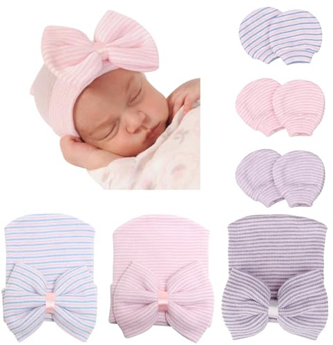 DRESHOW Bonnets de Naissance et Moufles de Protection Coton - 3 Pcs Bonnets Coordonnés et 3 Paires Mitaines Scratch de Protection Child Bébé Fille Garçon (0-3 Mois)