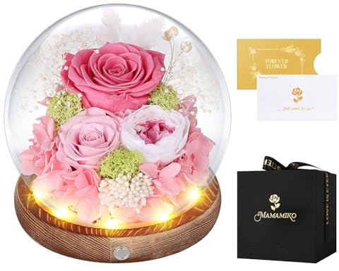 Preserved Roses in Glass Dome with LED Light - Long Lasting Real Flowers, Forever Flowers for Special Moments, Flowers Roses for Valentines Day Gifts, Mothers Day, Birthday Gifts for Women, Pink