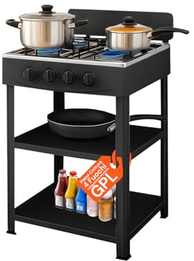 Piano Cottura 4 Fuochi Gas per Esterno con Struttura Resistente in Metallo, Ripiani Laterali in Acciaio, Collegamento Bombola GPL, Ideale per Campeggio e Grigliate (Nero)