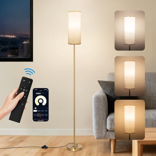 Lampada da Terra per Camera da Letto, Soggiorno Cilindro, Ufficio, Lampade da Terra Moderne con Telecomando e Controllo a Pedale, 2700k-6500k Lampada con Paralume in Lino, Lampada da Terra Salotto