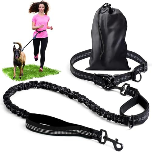 Guinzaglio da corsa a mani libere – Parte elastica per guinzaglio da jogging – Cintura addominale per cani con chiusura integrata – Guinzaglio per cani di tutte le taglie robusto, con doppio manico