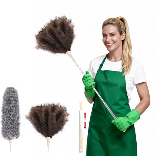 PVEGOS 55 Extendable Feather Dusters Set, Long Handle Replaceable Ostrich Feather & Microfiber Head, Telescopic Fluffy Feathers for Cobwebs, Radiator, Venetian Blind, Cleaning Ceilings, Cars, Fans