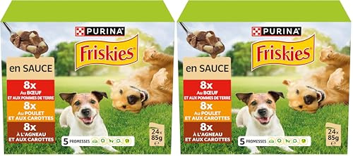FRISKIES | Patée pour Chien Adulte | en Sauce | Au Poulet, Bœuf, Agneau et Légumes | Aide à Maintenir Un Regard étincelant, Un Poil Brillant et Une Peau Saine | Sachets Fraîcheurs | 24 x 85 g