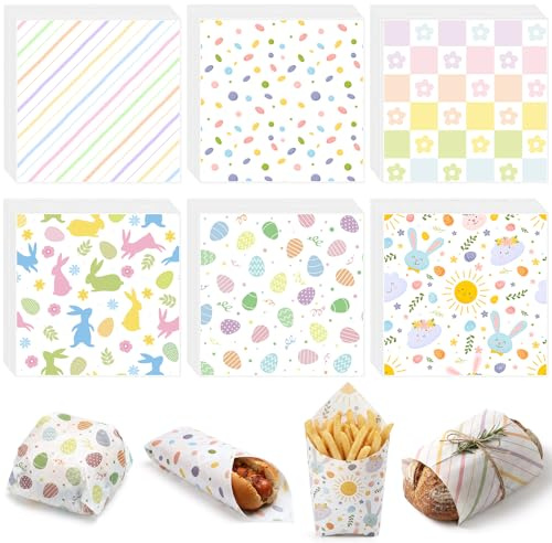 Reallnaive 300 Pcs Easter Wax Paper Sheets 12 x 12 Inch Egg Bunny Flower Parchment Deli Tissue Paper Sandwich Wrapping Sheets Food Basket Liners for Kitchen Restaurant Baking Supplies, 6 Styles