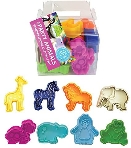 R&M Animal Cookie Stamper, Zoo Animal, Giraffe, Zebra, Lion, Elephant, Turtle, Hippo, Penguin, Frog, 2 Inch, 8 Piece Set