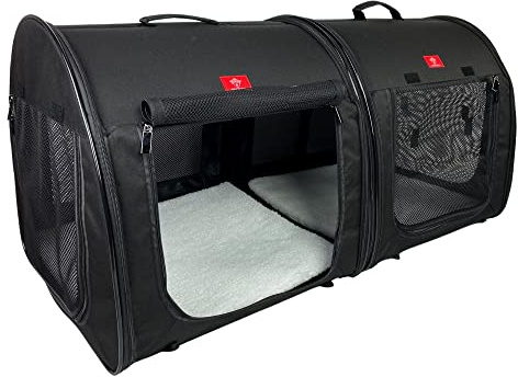 One for Pets Portable 2-in-1 Double Pet Kennel/Shelter, Fabric, Black 20x20x39 - Car Seat-Belt Fixture Included