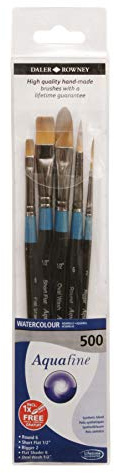 Daler-Rowney Aquafine, Pincel acuarela, Pelo sintético suave, Mango Corto, Estuche, Set 500, 5 Pinceles Surtidos