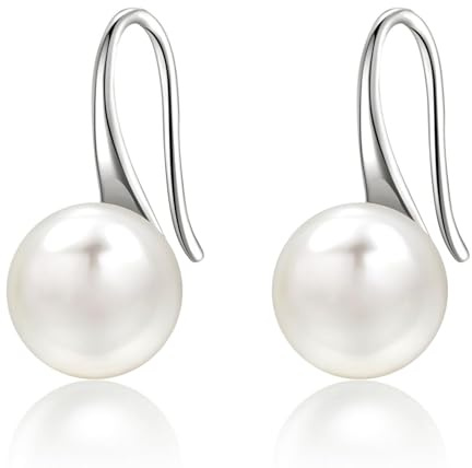Boucles D'oreilles En Perle Pour Femmes, En Argent 925 AAA Perle De Culture D'eau Douce, Boucle D'oreille A Crochets En Forme De Goutte D'eau Douce (Argent 925/1000, 8.0-8.4 mm)