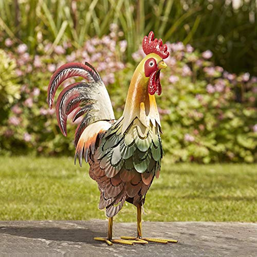Garden Gear Metal Cockerel Ornament, Bird Statue, Outdoor Painted Sculpture for Pathways, Patios & Borders, Height 46.5cm