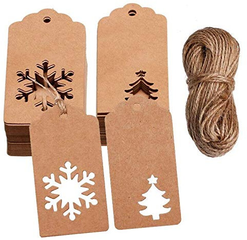 100 Pieces Paper Gift Tags Kraft Hang Labels Christmas Tree Snowflake Shape Hanging Labels with 10 Meters Twines for Christmas Wedding Birthday Kraft Paper Color