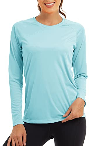 KEFITEVD Damen UV Shirt Laufshirt Damen Langarm Shirts Sommer Longsleeve Sport Shirt UV Schutzkleidung Trekking Seeblau M