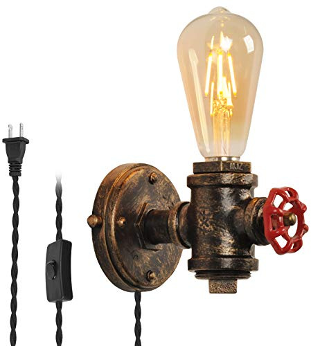 LUSTORM 1 Industrial Wall Lamp Sconce with Plug-in Cord, Gold Rustic Wall Mounted Fixture Steampunk Light Vintage E27 Retro Lighting Farmhouse for Bedrooms Living Room