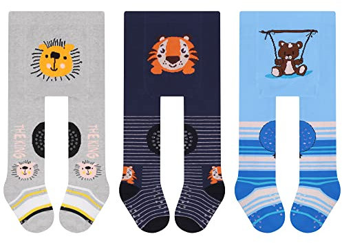 L&K-II 3er Pack Krabbelstrumpfhose Baby Mädchen Jungen Strumpfhose mit ABS Sohle Anti Rutsch Noppen Auto Flugzeug Löwe Motiv 2731B 80-86