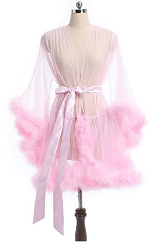 BYIYGSL Ladies Dressing Gown Perspective Sheer Short Robe,Sexy Fluffy Bathrobe for Maternity Photoshoot,Bridal Lingerie Dressing Gown Wedding Scarf Baby Shower (Color : Pink, Size : S)