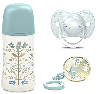 Suavinex Gold Edition Geschenkset, Flasche 270 ml, Schnuller 0-6 M und Clip, hellblau