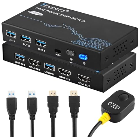 TCNEWCL 8K@60Hz HDMI USB 3.0 KVM Switch 4K 120Hz 2 PC 1 monitor, Supporto HDR, Dolby Audio, 3D, HDCP 2.3, con 2 cavi HDMI 2.1 e 2 cavi USB 3.0, con telecomando