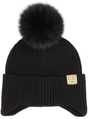 C.C Kids Ear Flap Fur Pom Beanie for Boys Girls - Comfortable Soft Warm Children Youth Knit Skully Hat with Faux Fur Pom (Black)