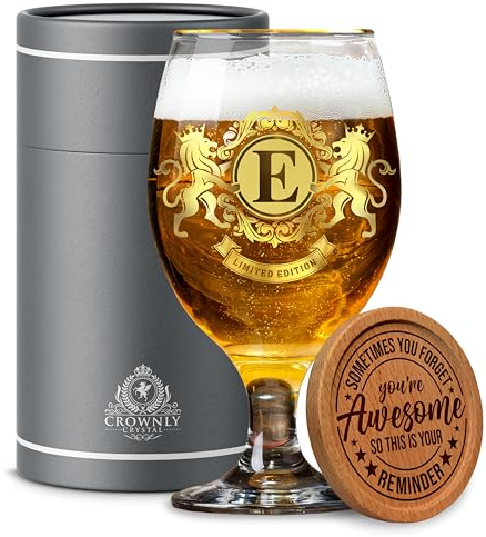 CROWNLY CRYSTAL® Bicchieri Birra Vetro Personalizzata - Idea Regalo Originale per Anniversario, Natale, Compleanno, Laurea - Per Lui, Uomo, Amica (E)