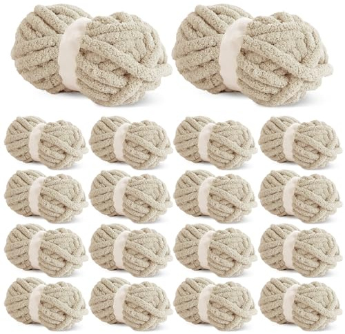 HOMBYS Khaki Chunky Chenille Yarn for Crocheting and Knitting - Bulky Thick Fluffy Super Bulky Yarn for Hand Knitting Blanket, Soft Plush - 18 Jumbo Pack (27 Yds, 8 Oz Each Skein)