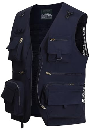 MeiLayM Homme Gilet de pêche Veste Plein air Gilet Été Multi-Poche Gilet Séchage Rapide Gilet de Sport Veste Loisirs Respirant Sans Gilet Manches Camping Chasse Photographie Veste Bleu,M