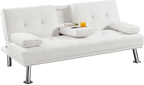 Yaheetech Sofá Cama de 2 Plazas Cama Plegable Tapizada de Bouclé de Poliéster Sofá con Soporte de Botella Cama 167 X94 cm MAX Capacidad Blanco