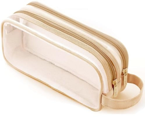 Deyaah Large Clear Mesh Pencil Case Pouch, 2 Compartment Pen Bag Multifunction Pencil Pouch Transparent Makeup Bag for Teen Student College Business Travel Office Adult (Brown)