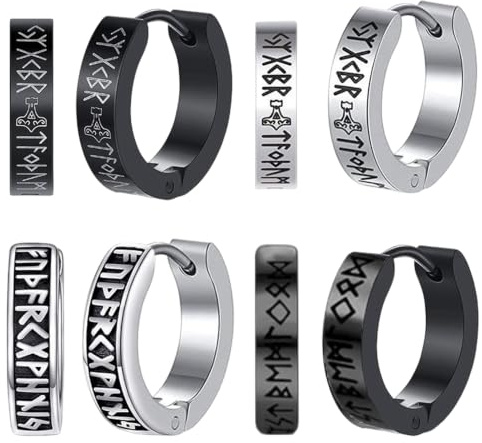 4 Paires Viking Homme Boucle d'Oreille Runes Nordiques Créoles Acier Inoxydable Boucle d'Oreille Homme Créole Petit Anneau 1,2 cm Boucles d'oreilles Noir Argent Piercing Oreille Männer Femme