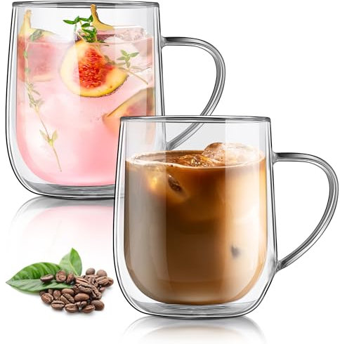 Joeyan 450ml Tazas de Café de Cristal Grande,Juego de 2 Tazas de Vidrio Borosilicato con Asa,Vaso Termico Frio de Doble Pared Transparente,para Té,Cerveza,Agua,Latte,Leche,Cappuccino,Macchiato,Sidra