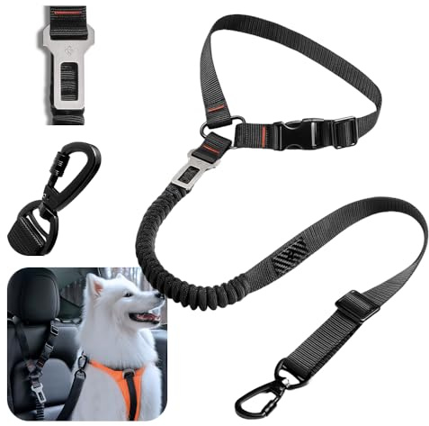 Spigen 2 in 1 Car Seat Belt Tether for Dogs (Headrest & Seatbelt Buckle) | High-Strength Heavy-Duty Strap | Adjustable Anti-Shock Bungee Leash