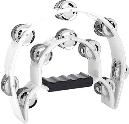 Dubbelrad Handhållen Tamburin, Half Moon Metal Jingles Handheld Musical Percussion Trumma med Ergonomiskt Handtag (Vit)