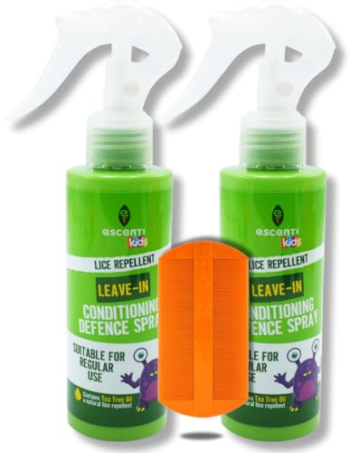 Escenti Head Lice Defence Kit 2X Kids Leave in Conditioner Spray 125ml with Tea Tree for Lice Prevention and BVO Luxe Nit Comb for Tangle Free Hair