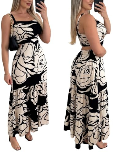 CHICME Summer Dresses for Women 2026 Sleeveless Casual Boho Maxi Dress Square Neck Hollow-Out Floral A Line Black Dress-XL