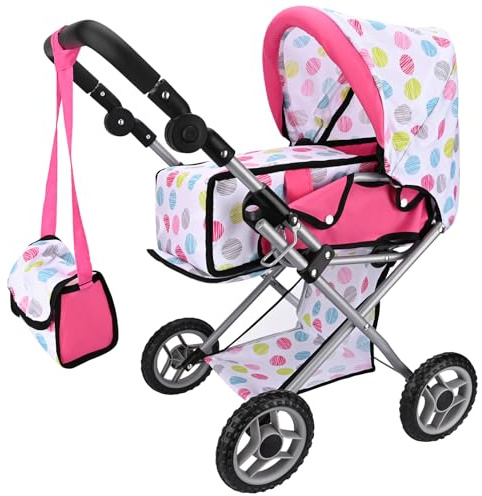 Bebamour Doll Pushchair Stroller Convertible Pram with Removable Travel Bassinet Carrier for Toddlers Play Baby Doll Accessories with Canopy and Storage Basket (White)