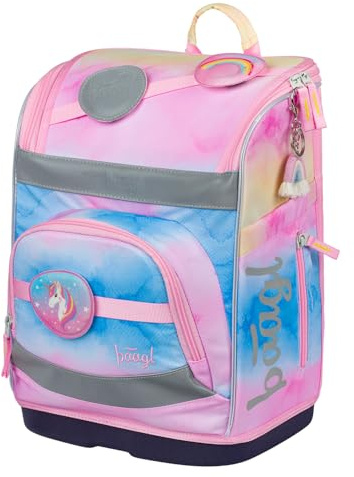 Baagl Schulranzen Mädchen für 1. Klasse - Ergonomische Schultasche für Kinder Zippy Plus - Schulrucksack mit Brustgurt & Hüftgurt - Grundschule Ranzen Tornister, 21 l (Regenbogen Einhorn)