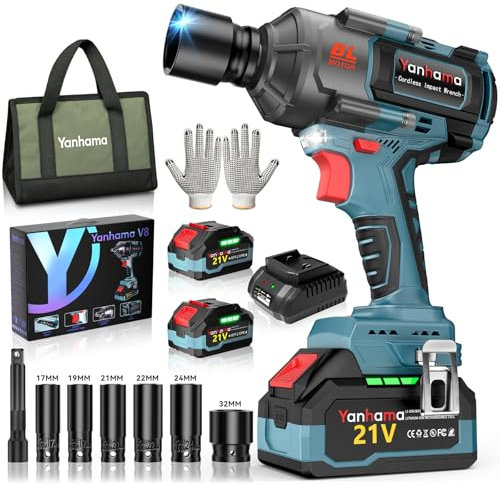Yanhama Llave De Impacto 1400 NM Led Llave De Impacto Profesional Set + Bolsa De Herramientas + Guantes - Regalo De Idea Para Bricolaje/Neumáticos De Camiones/Dispositivos Industriales