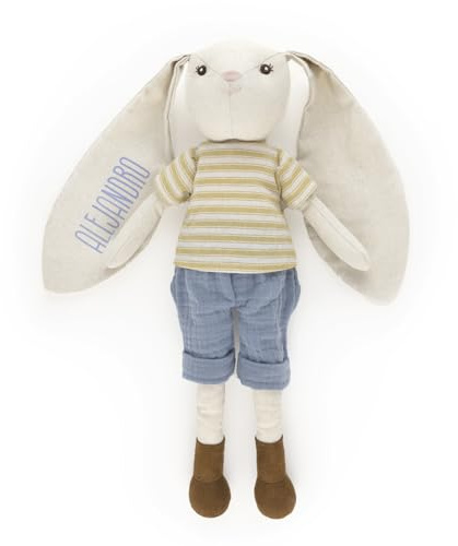 Mi Pipo - Muñeco de Trapo Personalizado - Conejito | Peluche Bebe con Nombre en Vinilo Termoadhesivo | Juguete Seguro Desde 0 Meses | Muñeco de Tela 40cm en Algodón y Lino | Normativa UNE-EN 71