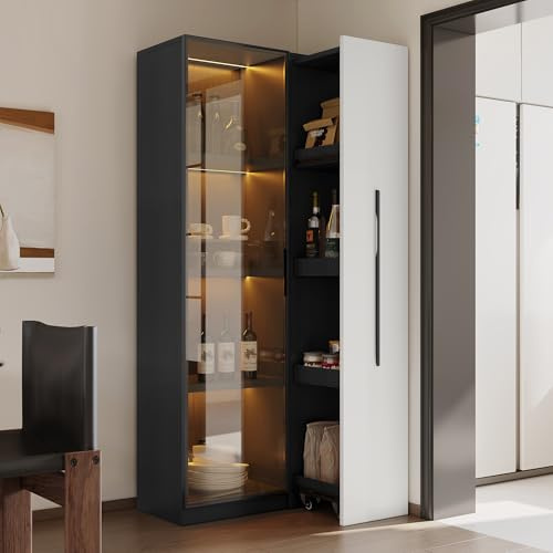 Merax Libreria con ante in vetro, armadietto multifunzione con mobiletto a rotelle, vetrina in vetro con illuminazione a LED e scaffale estraibile, nero e bianco, 70 x 40 x 160 cm