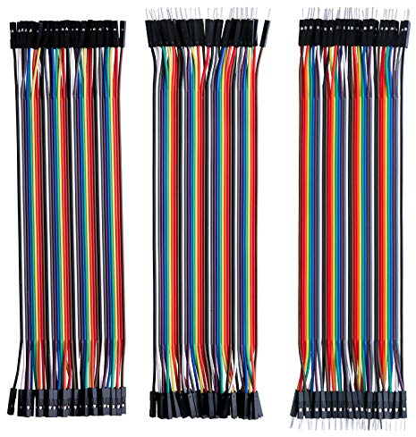 ELEGOO 120pcs Multicolored Dupont Wire 40pin Male to Female, 40pin Male to Male, 40pin Female to Female Breadboard Jumper Ribbon Cables Kit Compatible with Arduino Projects