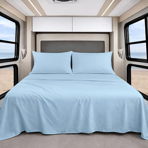 Shreem Linen Luxury 4 Piece Microfiber RV Sheet Set, Deep Pocket Fits Up to 10 inch, Soft, Wrinkle-Resistant, Camper, Travel Trailer Bedding, Bunk 42x80, Light Blue