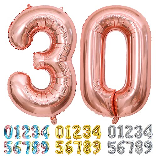 Ponmoo Foil Balloon Number 30 Rosegold, Giant Numbers 0 1 2 3 4 5 6 7 8 9 10-19 20-29 30-39 40-49 50-60-70-80-90-100, Large Balloons for Wedding Anniversary Birthday Party Decoration