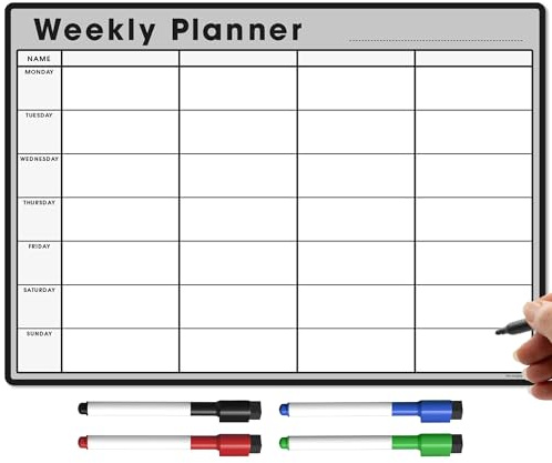 TMS A4 Agenda settimanale magnetica | lavagna bianca personalizzabile per attività familiari o aziendali e pianificazione dei pasti | con 4 penne magnetiche cancellabili a secco [30 x 21cm]