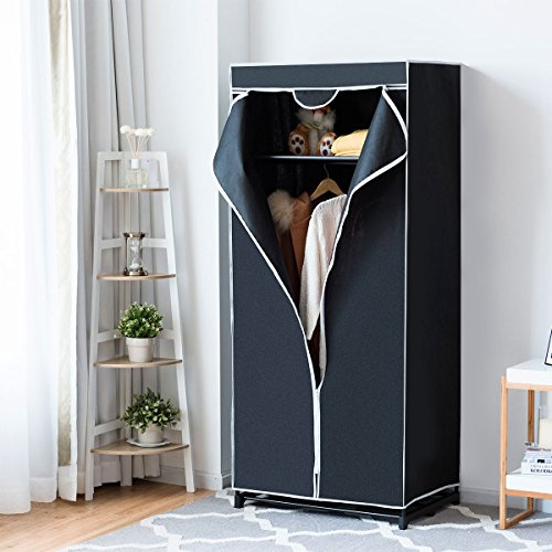 Multigot Fabric Wardrobe, Portable Single Clothing Closet with Hanging Rail and Zippers, Foldable Clothes Storage Organizer for Clothes, Bags and Toys (Black)