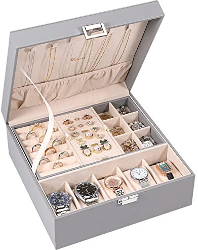 Voova Jewelry Box Organizer for Men Women, 2 Layer 5 Slot Watch Storage Case with Removable Tray, PU Leather Large Jewellery Holder Display for Watches Sunglasses Rings Earrings Necklace, Grey