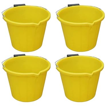 (𝐒𝐞𝐭 𝐨𝐟 𝟒) Yellow 14 Litre Plastic Builders Buckets 3 Gallon Water Storage Cement Mixing Bucket with Strong Metal Handle Construction Animal Feeding Car Wash Cleaning Bucket For Home Garden