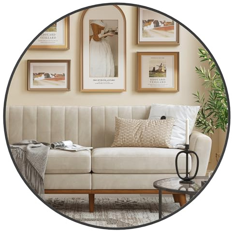 SONGMICS 76 cm d Spiegel rund, runder Spiegel, Wandspiegel, Metallrahmen, einfache Montage, modern, für Bad, Wohnzimmer, Schlafzimmer, Flur, Eingangsbereich, tintenschwarz LWM103BD03