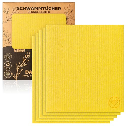 DANIHOME® Öko Spültücher 5er-Set: Abwaschlappen Küche & Schwamm Küche, 30% Baumwolle | Waschbar & Biologisch Abbaubar | Gelb | Saugstark für Küche, Auto, Garten | Spüllappen waschbar