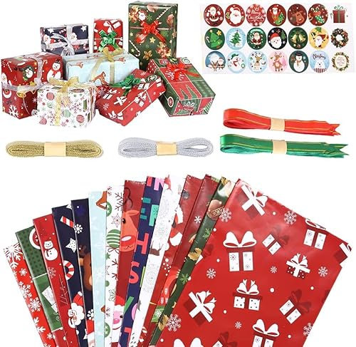 Set de Papel Regalo Navidad Infantil, 14 Hojas Grande 50x70cm, 21 Etiquetas, 2x10m Cinta Plata y Dorada, 14 Lazos para Envolver Regalos