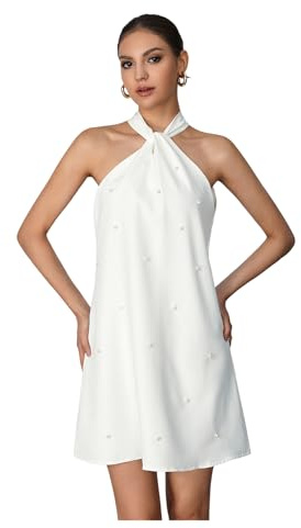 Floerns Women's Pearl Beaded Halter Twist Sleeveless Tie Back Dress A Line Dress White